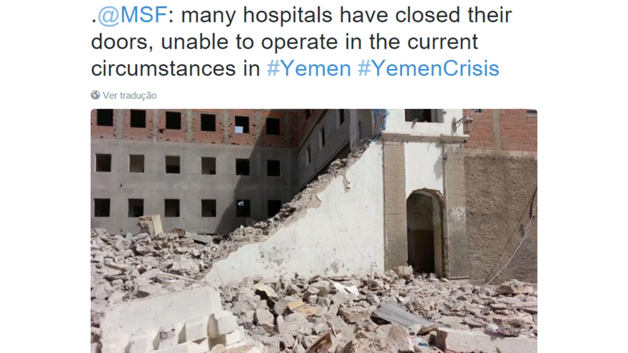 Imagem postada pela Organização Médicos Sem Fronteiras no Iêmen antes do ataque ao centro médico, fala do fechamento de hospitais devido à onda de violência no país