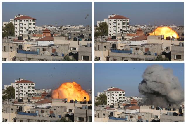 Sequência de fotos mostra míssil israelense logo antes de atingir a casa de Nafez Azzam, um líder sênior da Jihad Islâmica, em Rafah, no sul da Faixa de Gaza