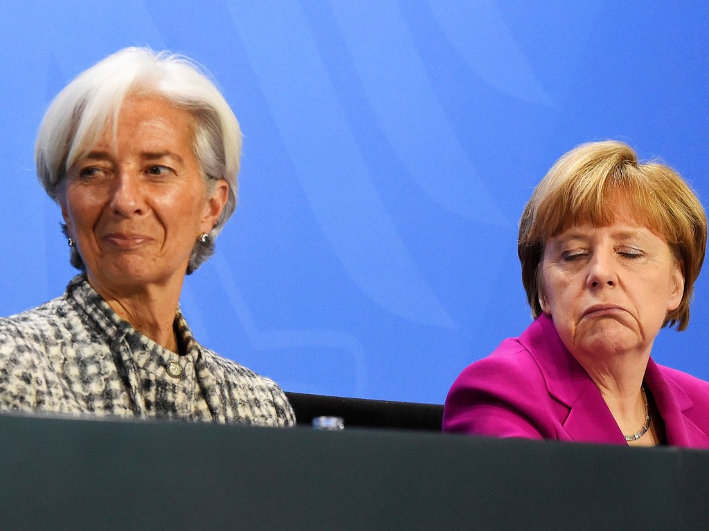 Christine Lagarde, diretora-gerente do Fundo Monetário Internacional e a chanceler alemã, Angela Merkel durante coletiva de imprensa em Berlim - 11/03/2015