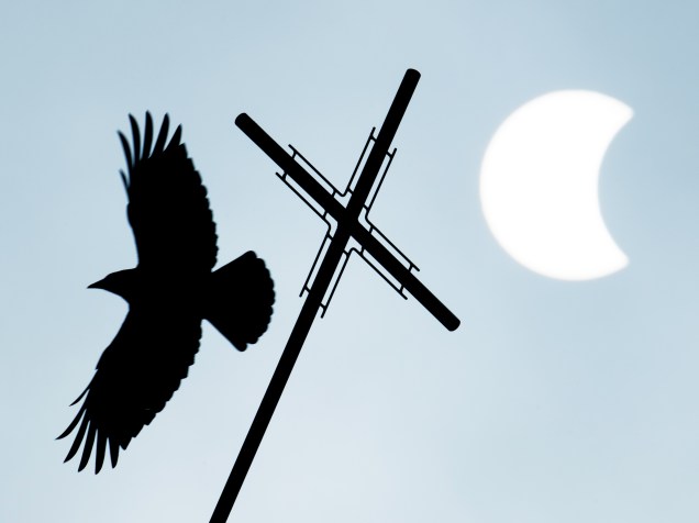 <p>Pássaro voa próximo a crucifixo de uma igreja durante o eclipse solar, em Visselhoevede, noroeste da Alemanha </p>