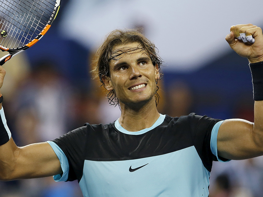 O espanhol Rafael Nadal comemora sua vitória contra o suíço Stan Wawrinka no Masters 1.000 de Xangai, na China, nesta sexta-feira