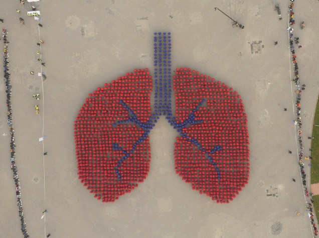 Imagem aérea mostra mais de 1500 pessoas que formaram a figura de um pulmão, durante ação para melhorar a conscientização sobre a saúde pulmonar em Pequim, na China. A tentativa bem sucedida, bateu o Record Mundial do Guinness como maior imagem humana de um órgão - 16/11/2015