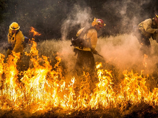 Bombeiros tentam controlar as chamas do incêndio que ficou conhecido como "Rocky Fire", em Clearlake, Califórnia. Cerca de 3.000 bombeiros enfrentam o incêndio que já queimou cerca de 60.000 acres e forçou a evacuação de 12.000 residentes