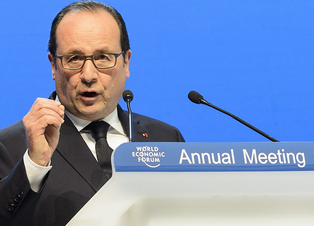 O presidente francês, François Hollande, discursa durante o 45º Fórum Econômico Mundial, em Davos, na Suíça