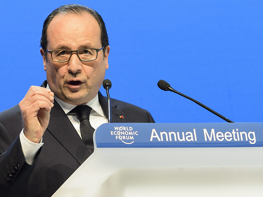 O presidente francês, François Hollande, discursa durante o 45º Fórum Econômico Mundial, em Davos, na Suíça