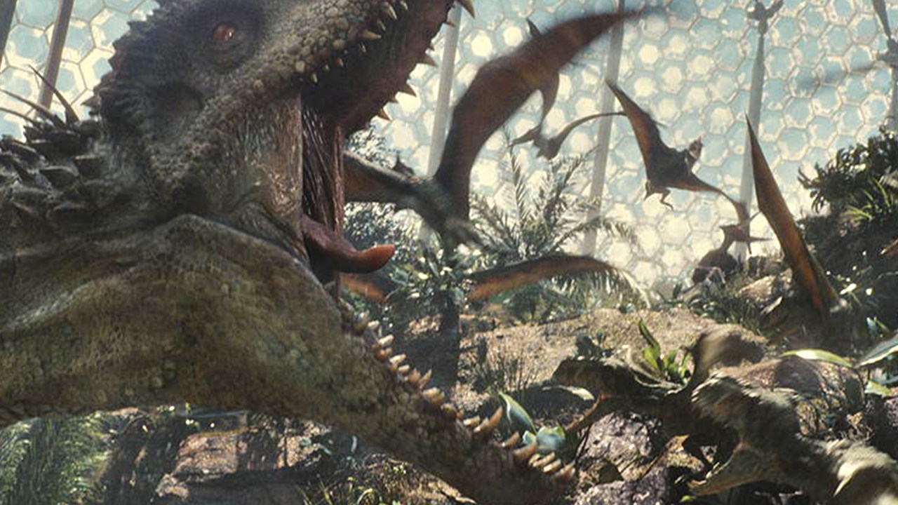 Cena do filme Jurassic World, o longa ocorre 22 anos após o primeiro Jurassic Park. No filme, o parque localizado na Ilha Nublar está aberto há dez anos