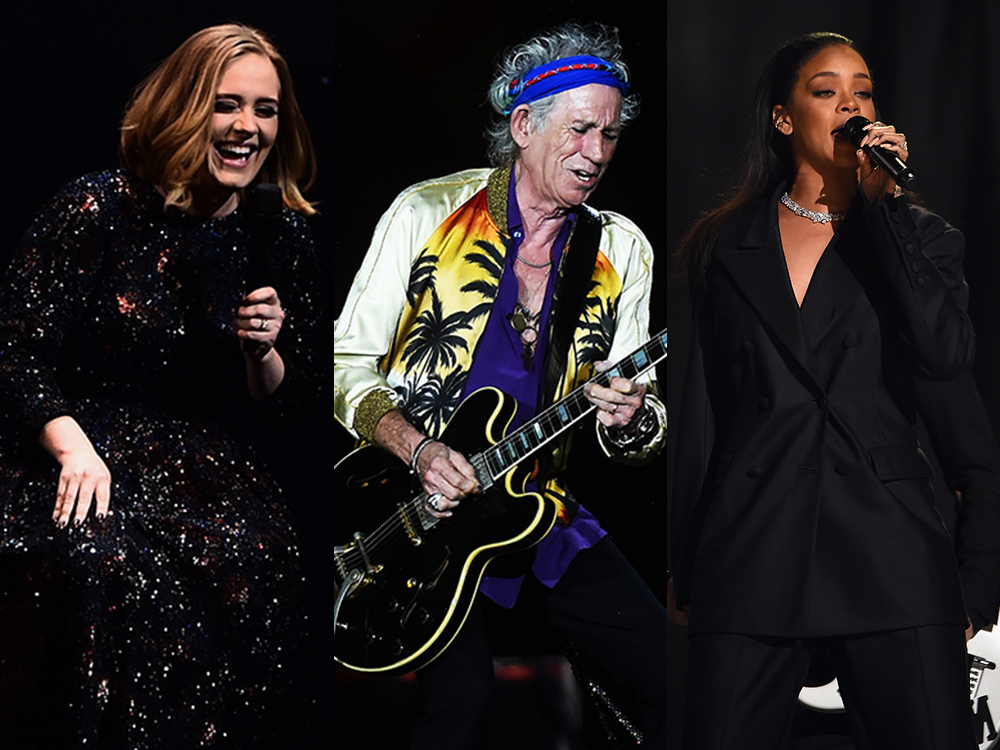 A cantora Adele, o guitarrista da banda de rock Rolling Stones, Keith Richards e a cantora Rihanna