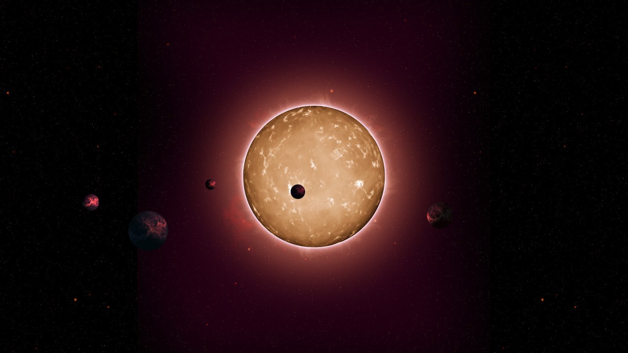 Representação artística da estrela Kepler-444 e seus cinco planetas