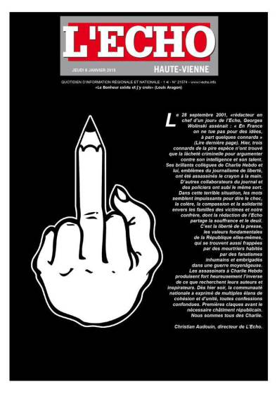 O periódico francês LEcho traz em sua capa desta quinta-feira uma charge e uma carta de repúdio ao atentado de quinta-feira contra o jornal Charlie Hebdo, da França