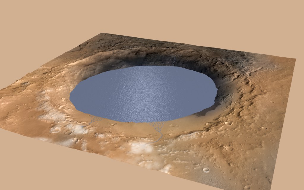 Imagem da Cratera Gale, onde fica o Monte Sharp, coberta por água