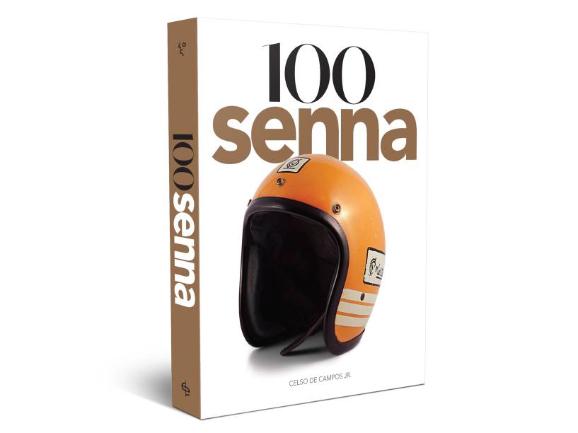 Livro 100 Senna, do jornalista Celso de Campos Jr. Na capa, o primeiro capacete da vida do piloto