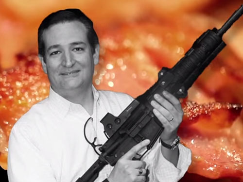 Ted Cruz ensina como fazer bacon com uma metralhadora