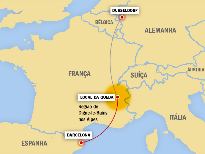 Mapa da queda - A320 na França