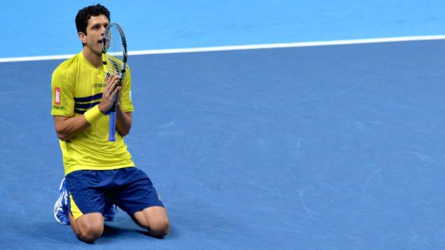 O tenista brasileiro Marcelo Melo comemora a classificação para a final de duplas do ATP Finals, em Londres