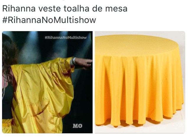 No Twitter, look amarelão de Rihanna no Rock in Rio vira toalha de mesa na internet