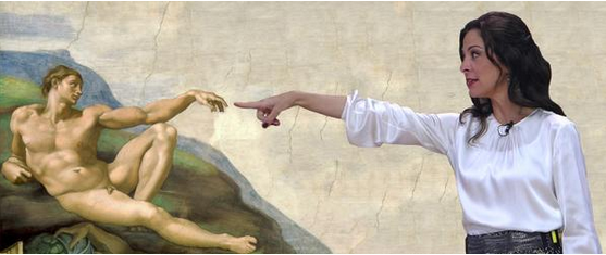Em meme, a apresentadora do MasterChef, Ana Paula Padrão, interage com o afresco de Michelangelo, A Criação do Homem