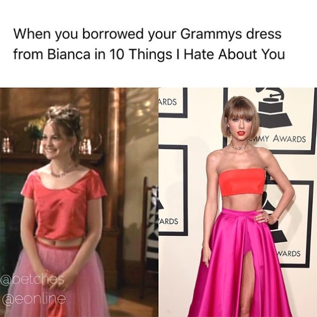 "Quando o seu vestido do Grammy é emprestado da Bianca, de 10 Coisas que Eu Odeio em Você" - meme brinca com a semelhança entre as roupas da personagem do filme e de Taylor Swift