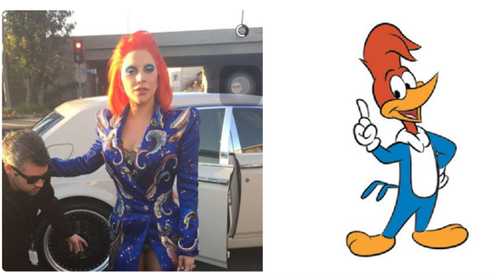 Comparação entre o look de Lady Gaga no Grammy 2016 e o personagem de desenho animado Pica Pau