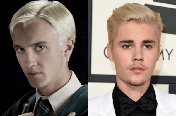 Justin Bieber apareceu no Grammy com os cabelos platinados e bem penteados. Foi difícil olhar para ele e não lembrar do persnoagem Draco Malfoy, de Harry Potter
