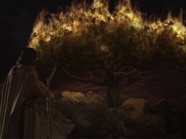<p>Moisés (Guilherme Winter) avista a sarça em chamas enquanto conversa com Deus</p>
