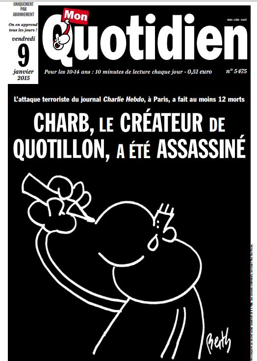 Mon Quotidien destaca a morte de Charb, cartunista e criador de Quotillon, personagem muito conhecido na França e que aparece na capa