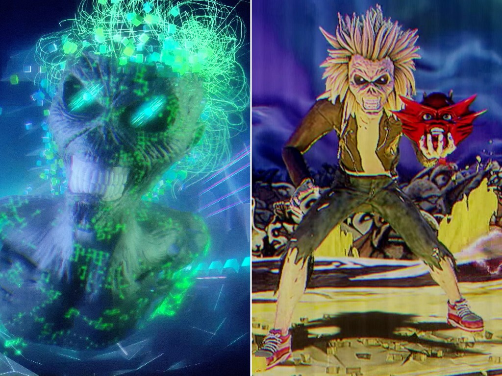 Cenas do clipe 'Speed Of Light' da banda Iron Maiden; No lado direito o mascote "Eddie" aparece em clara referência ao Mortal Kombat