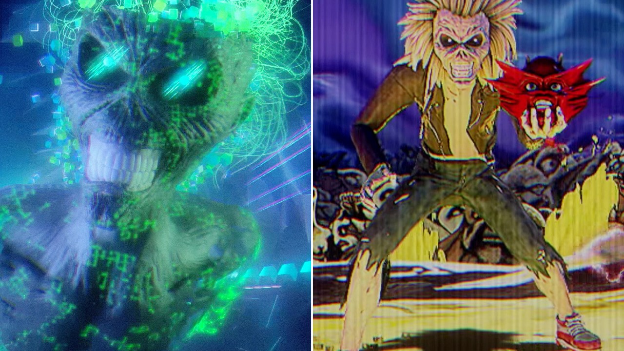 Cenas do clipe 'Speed Of Light' da banda Iron Maiden; No lado direito o mascote "Eddie" aparece em clara referência ao Mortal Kombat
