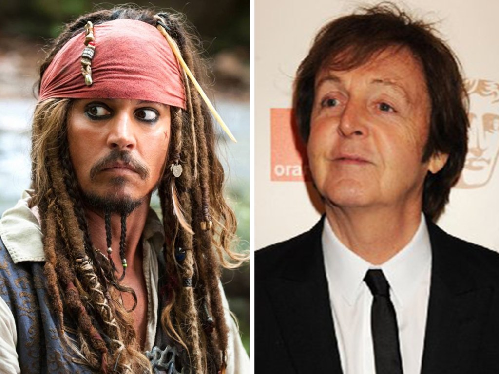 O personagem Jack Sparrow, interpretado pelo ator Johnny Depp, em 'Piratas do Caribe', e o músico Paul McCartney