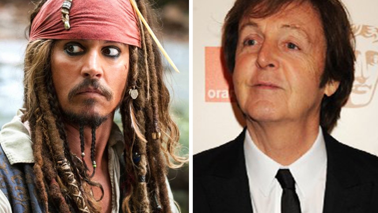 O personagem Jack Sparrow, interpretado pelo ator Johnny Depp, em 'Piratas do Caribe', e o músico Paul McCartney