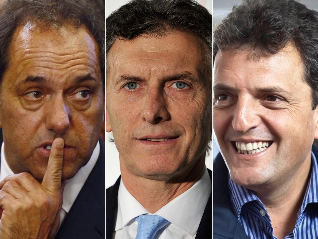 Daniel Scioli, Mauricio Macri e Sergio Massa, os principais candidatos à presidência da Argentina