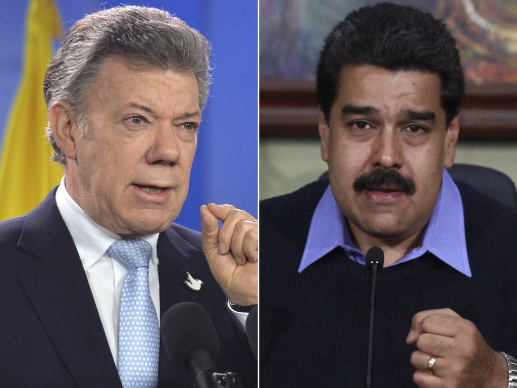 Juan Manoel Santos, presidente da Colômbia e Nicolás Maduro, presidente da Venezuela