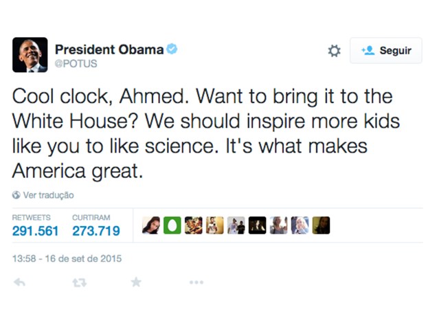 Tuíte do presidente dos Estados Unidos, Barack Obama, elogiando Ahmed Mohamed e convidando o garoto para levar sua invenção à Casa Branca - 16/09/2015