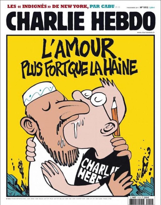 "O amor: mais forte que o ódio". Charge satiriza as ameaças sofridas pela revista Charlie Hebdo coma  publicação de charges sobre o islamismo