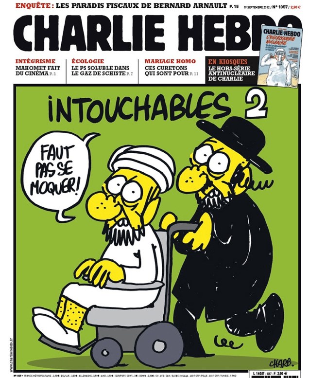 Charge publicada pela revista Charlie Hebdo em 2012 mostra um judeu ortodoxo empurrando uma cadeira de rodas com um homem de turbante. Ambos avisam ao leitor: "Não ria!". Acima, há o título "Intocáveis 2", em referência ao filme que foi sucesso de bilheteria do cinema francês