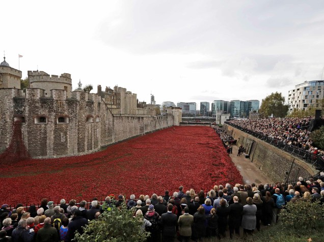 Multidão participa de cerimônia diante da instalação de arte que homenageia os mortos na I Guerra Mundial, durante o do Dia do Armistício na Torre de Londres, em Londres - 11/11/2014