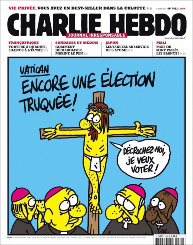 Charge da revista francesa Charlie Hebdo com figura de Jesus querendo votar em "eleição fraudada no Vaticano"