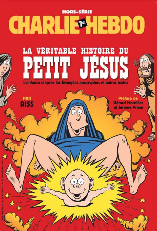 Capa da revista Charlie Hebdo com a chamada: "A verdadeira história do pequeno Jesus - A infância segundo Evangelhos apócrifos e outros textos"