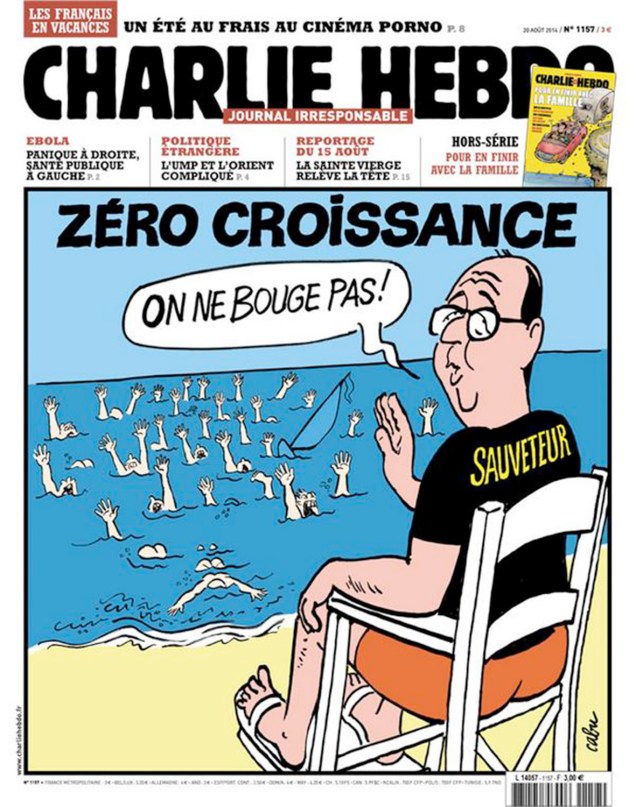 O presidente François Hollande diz que nada muda, diante dos problemas econômicos do país, em charge da revista Charlie Hebdo