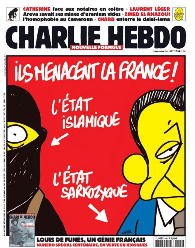 Mais uma charge de cunho político: "Eles ameaçam a França! Ele é islâmista. Ele é Sarkozista", em referência ao ex-presidente Nicolas Sarkozy