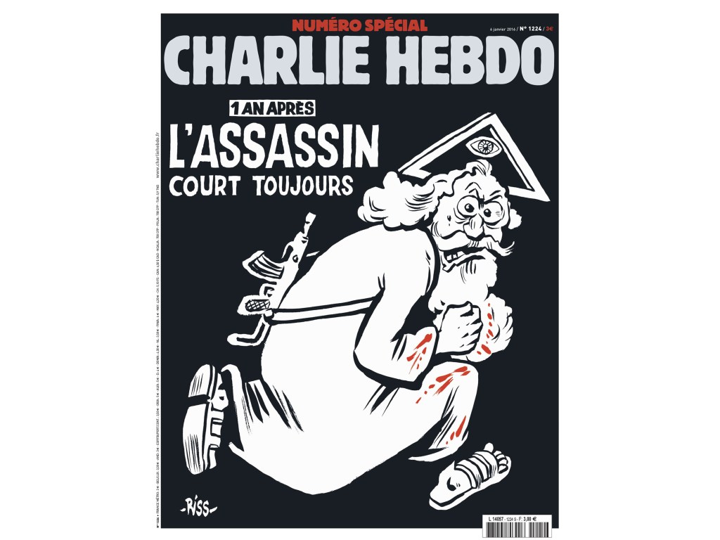 Capa da edição especial do semanal satírico francês Charlie Hebdo um ano após os atentados terroristas ao escritório da publicação em Paris que deixaram doze mortos