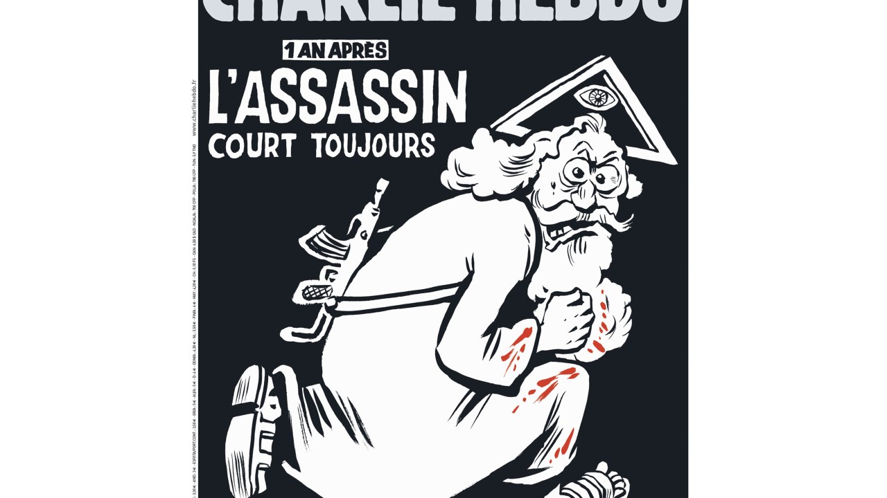 Capa da edição especial do semanal satírico francês Charlie Hebdo um ano após os atentados terroristas ao escritório da publicação em Paris que deixaram doze mortos