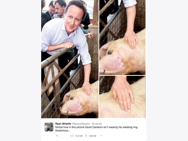 "Repare que nesta imagem David Cameron não está usando aliança. Suspeito..."