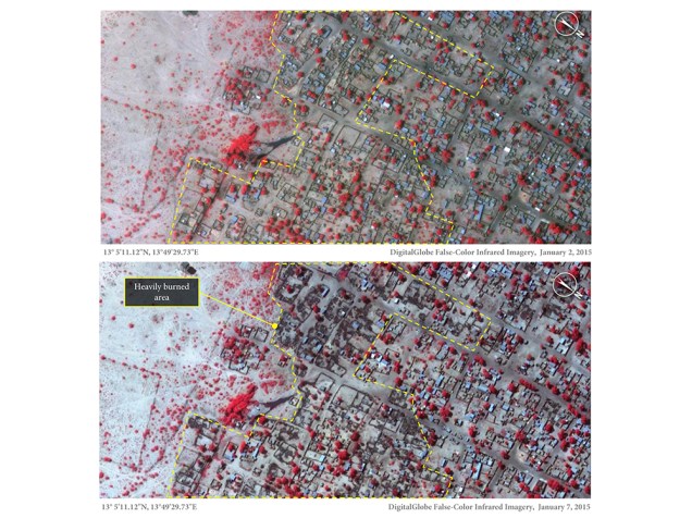 Imagens de satélite registradas nos dias 02 e 07 de janeiro comparam a vila de Baga, no nordeste da Nigéria, antes e depois do ataque do Boko Haram. As áreas escuras foram incendiadas; as partes em vermelho representam vegetação saudável remanescente