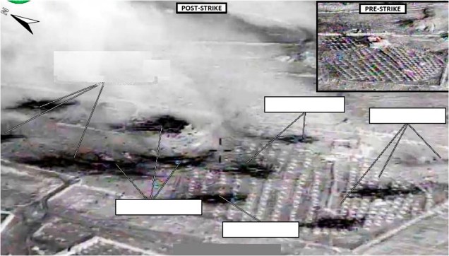 Imagem divulgada pelo Departamento de Defesa dos Estados Unidos mostra centro de testes em Abu Kamal, na Síria, antes e depois de ataque - 23/09/2014