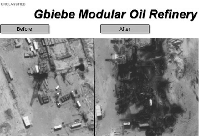 Imagens divulgadas pelo Departamento de Defesa dos Estados Unidos mostram danos à Refinaria de Petróleo Gbiebe na Síria - 25/09/2014