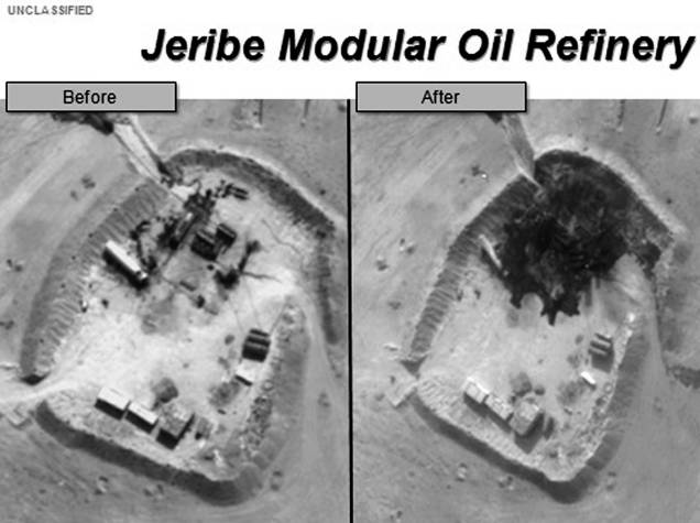 Imagens divulgadas pelo Departamento de Defesa dos Estados Unidos mostram danos à Refinaria de Petróleo Jerive na Síria - 25/09/2014
