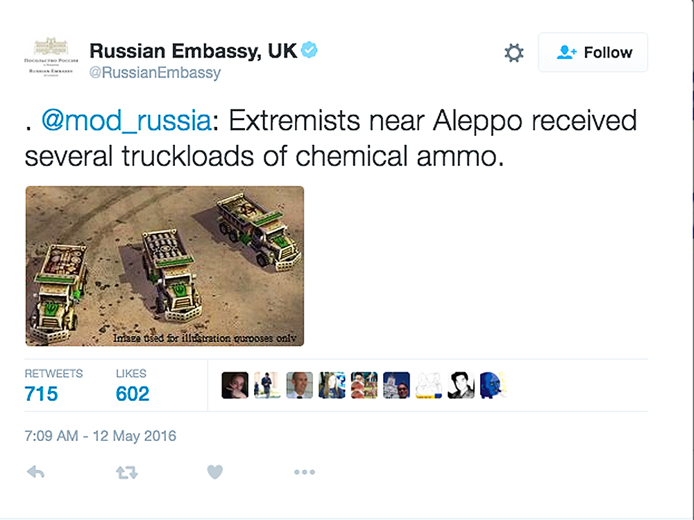 Tweet mostrando como caminhões com armas químicas teriam chegado no território sírio controlado pelos rebeldes de Aleppo