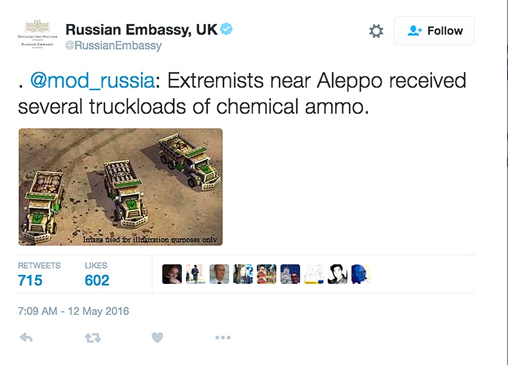 Tweet mostrando como caminhões com armas químicas teriam chegado no território sírio controlado pelos rebeldes de Aleppo