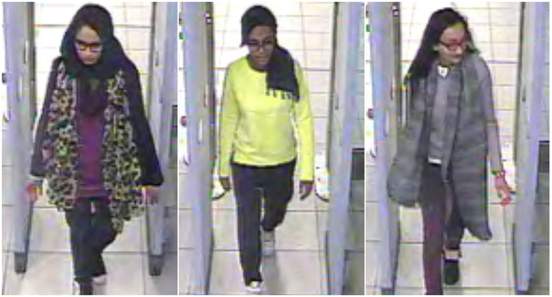 Imagens das câmeras de segurança do aeroporto de Londres, mostram as adolescentes Kadiza Sultana, Shamima Begum e Amira Abase, atravessando a área de segurança para embarcar em um vôo da Turkish Airlines com destino a Istambul com a intenção de chegar à Síria para se juntar ao Estado Islâmico