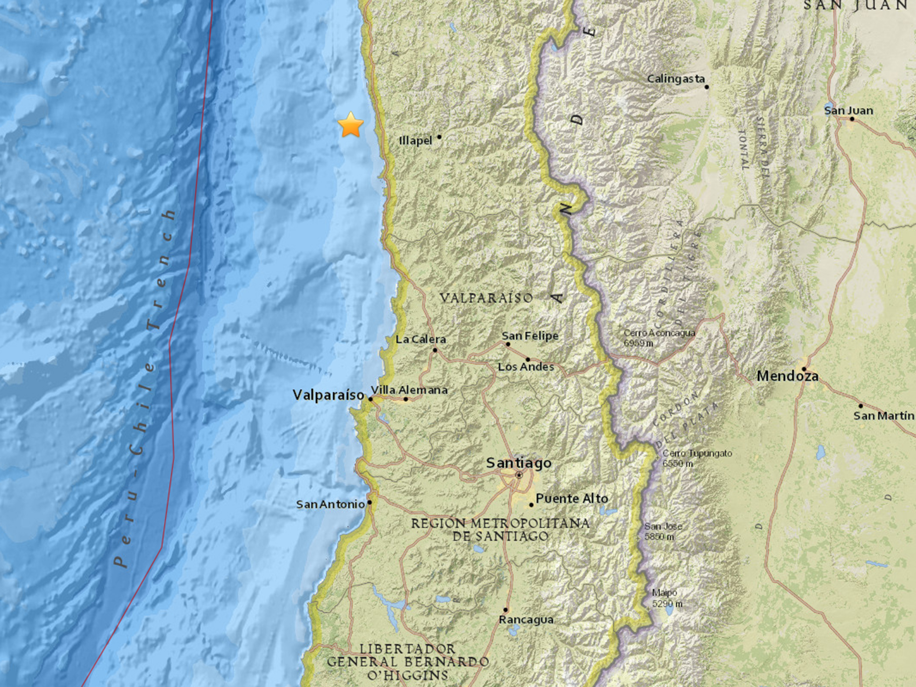 Mapa mostra o local do epicentro do terremoto de magnitude 8,3 na costa do Chile - 16/09/2015